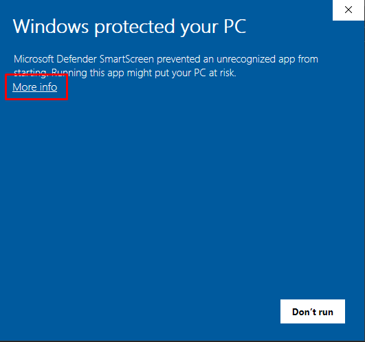 Windows SmartScreen: nhấp More info rồi chọn Run anyway khi chạy mod skin LOL